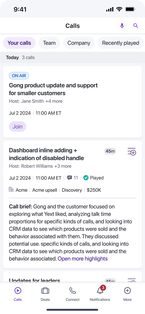 Gong.io - Gong mobile app screen showing a list of recorded sales calls with AI generated call briefs and deal revenue insights