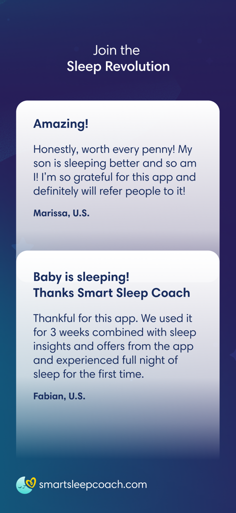 Positive user reviews and testimonials for the Smart Sleep Coach by Pampers app from parents Marissa and Fabian.