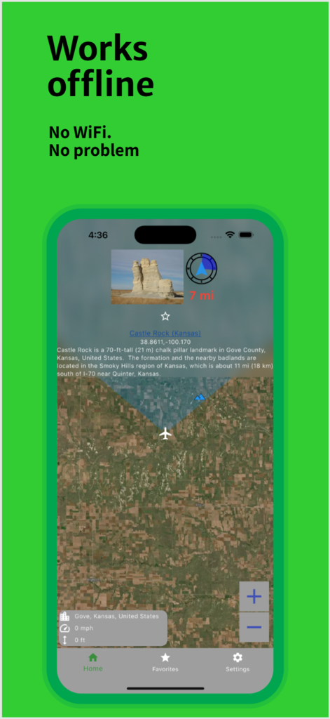Captura de pantalla de la aplicación Vista de Ventana que muestra seguimiento de vuelo sin conexión e identificación de lugares de interés sobre Kansas