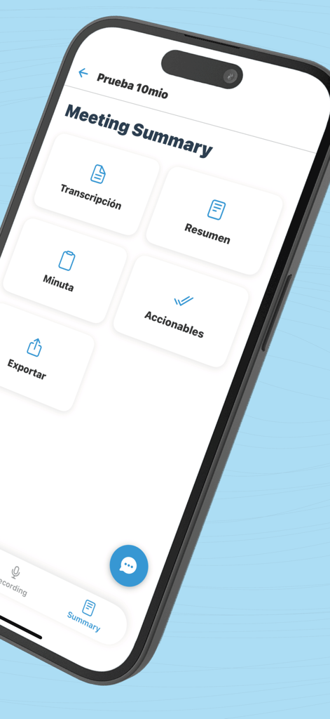 Whisper AI: Voice to Text Pro - Whisper AI app interface showing meeting summary options like transcription and action items