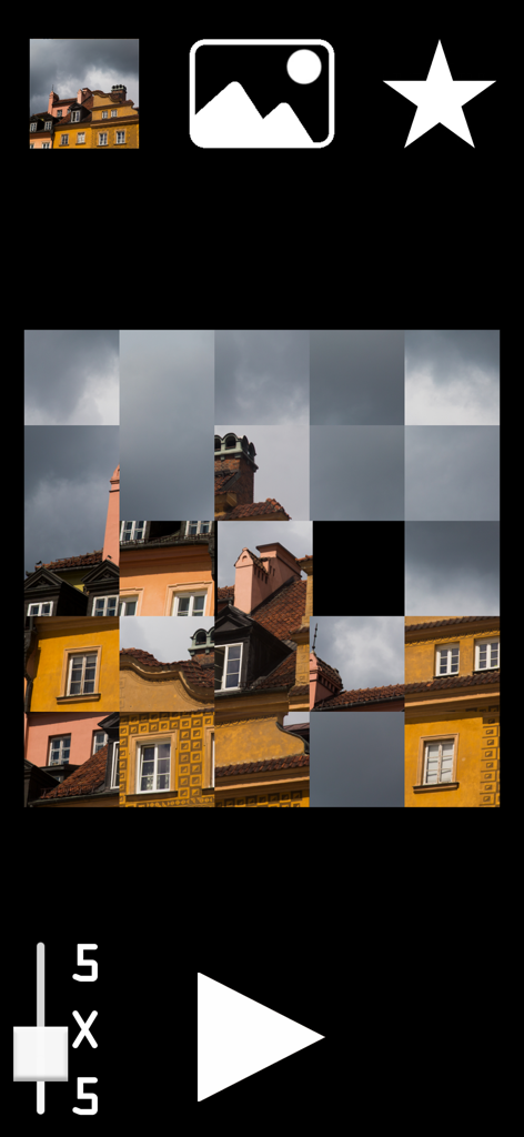 Image Mind Shuffle - A 5x5 grid puzzle of a building being solved in the Image Mind Shuffle app
