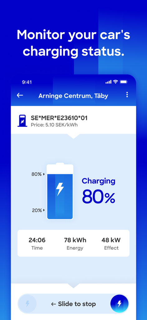 80パーセントのバッテリーレベルで、リアルタイムのEV充電ステータスが表示されたMer Connectアプリインターフェース。