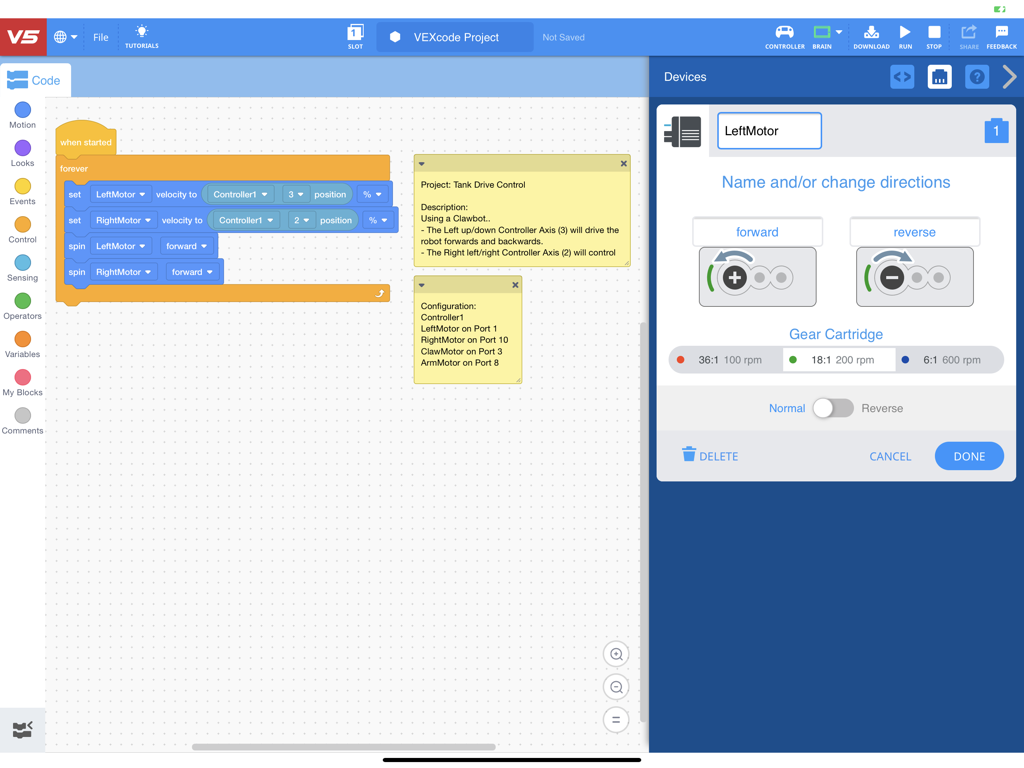 VEXcode V5 app interface showing block based coding and robot motor configuration on an iPad