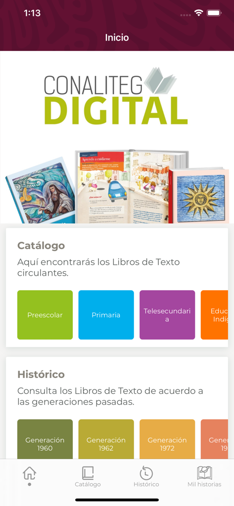 Pantalla principal de la aplicación CONALITEG Digital mostrando los catálogos de libros de texto mexicanos actuales e históricos