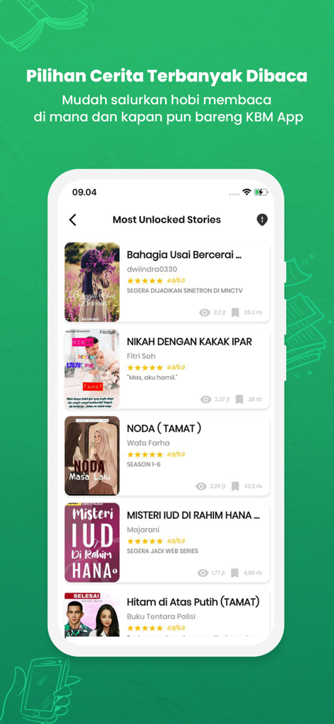 A list of the most popular and unlocked stories on the KBM App interface for Indonesian readers.