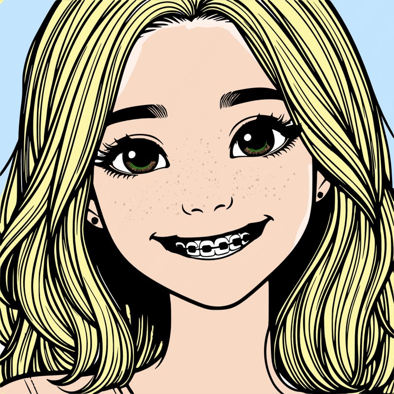 a girl with braces smiling with freckles realistic