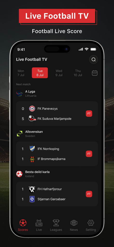 Streaming HD: Live Football TV - Interfaz de la aplicación Streaming HD Live Football TV mostrando marcadores en vivo y horarios de partidos para varias ligas