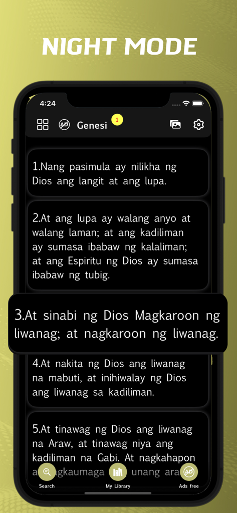Tagalog Bible - offline - Interface de aplicativo móvel da Bíblia em Tagalo mostrando versículos de Gênesis em modo noturno com texto branco sobre fundo preto.