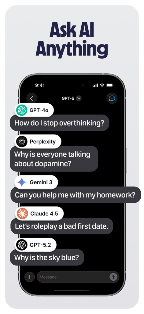 Fello AI: Chat Bot Assistant - Fello AI chat interface on iPhone showing multiple AI models like GPT Claude and Gemini answering user questions