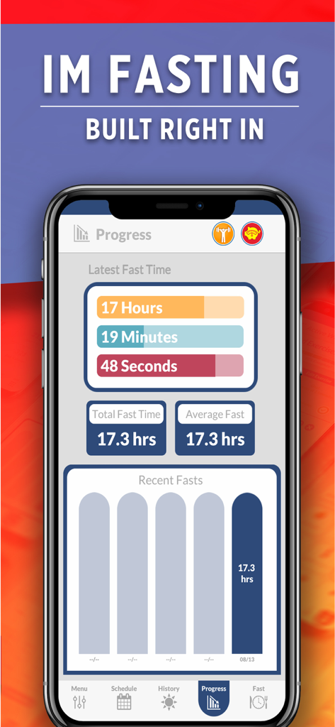 Intermittent fasting progress screen showing the latest fast duration and recent fasting history chart