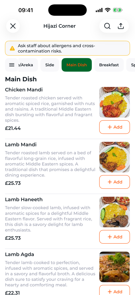 Yalla Halal - Yalla Halal app interface displaying the main dish menu for Hijazi Corner restaurant featuring Chicken Mandi and Lamb Mandi