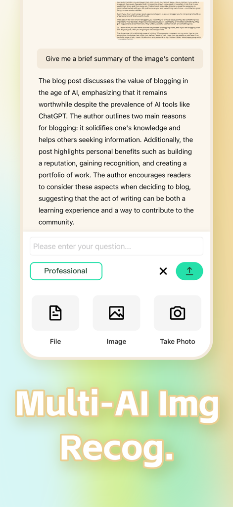 Munas app interface demonstrating AI image recognition and document summarization