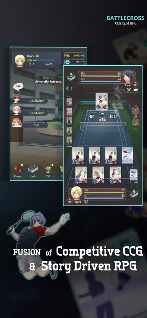 BattleCross Badminton Card RPG - BattleCross mobile game screenshot showing a fusion of competitive CCG card battles and story driven RPG elements