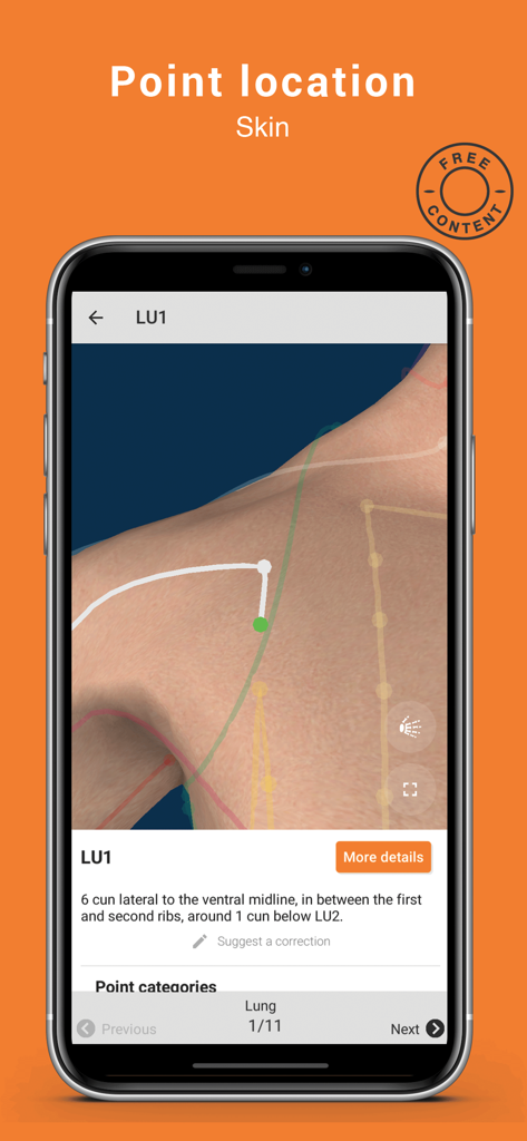 Visualisation 3D de l'application Tsubook montrant l'emplacement du point d'acupuncture P1 sur l'épaule humaine