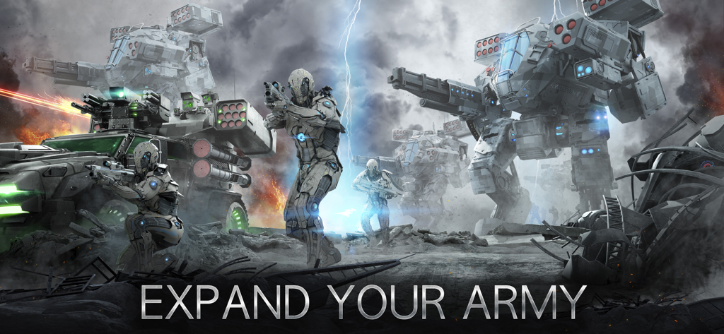 Futuristic mechs and armored soldiers on a battlefield from Instant War Ultimate Warfare with text Expand Your Army