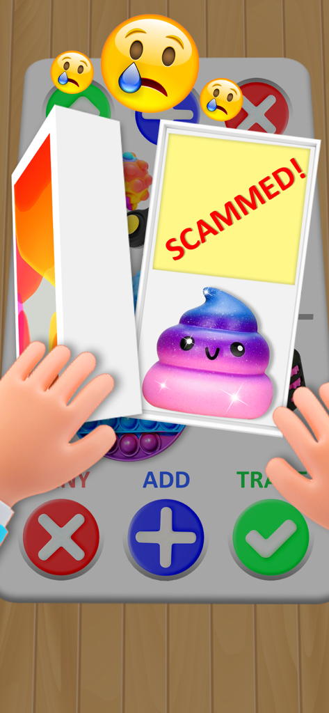 Fidget Trading: Pop It Fun - Fidget toy trading gameplay showing a scammed notification and colorful toys