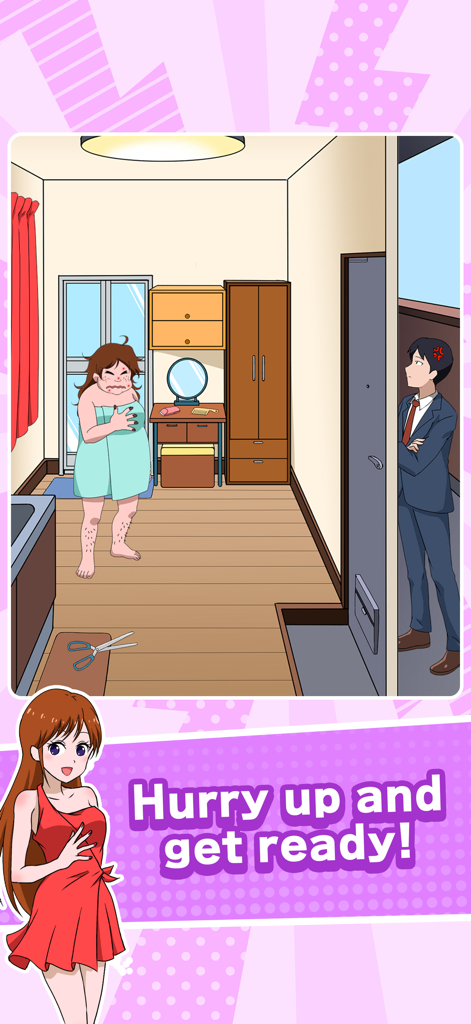 Tricky Mean - Brain puzzle - Un nivel de rompecabezas cerebral donde una mujer en toalla necesita prepararse rápidamente mientras un hombre espera en la puerta.