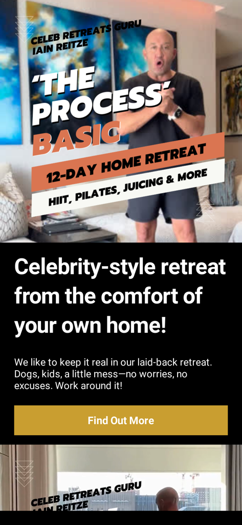 8020 Lifestyle app screen showing The Process 12 day home retreat with celebrity trainer Iain Reitze