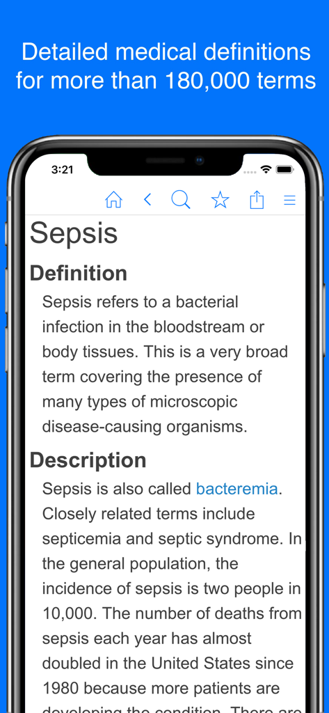 Medical Dictionary by Farlex - A detailed medical definition of sepsis shown on the Medical Dictionary by Farlex mobile app interface