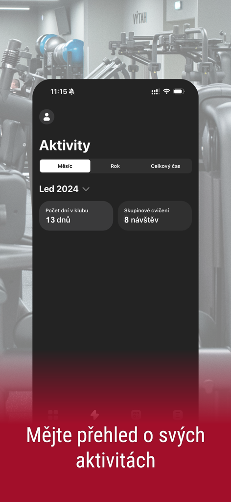 Dashboard of Moje Form Factory app showing monthly gym attendance and group class statistics