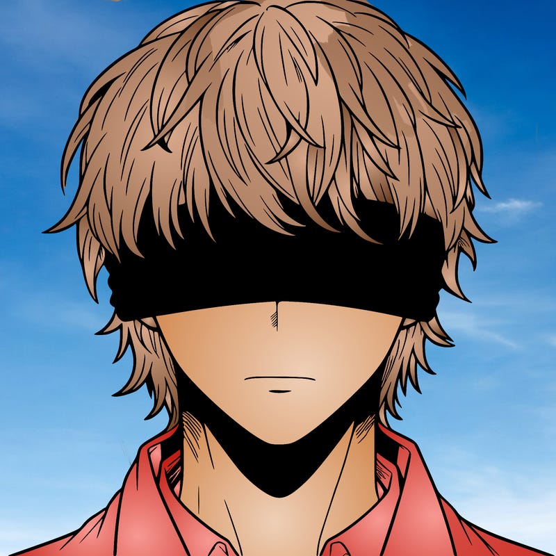 white haired man blindfolded