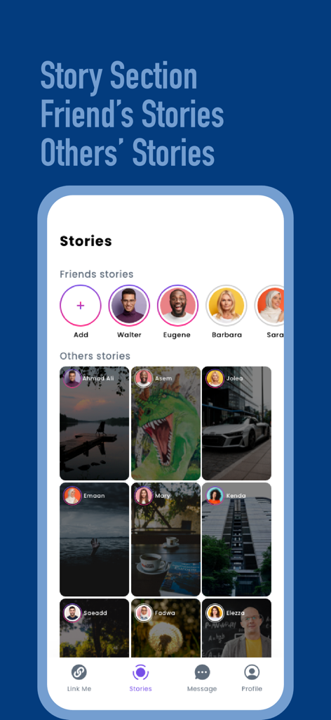 Link-Me - Chat & Messaging - Screenshot of the Link-Me app Stories page displaying friend and community stories
