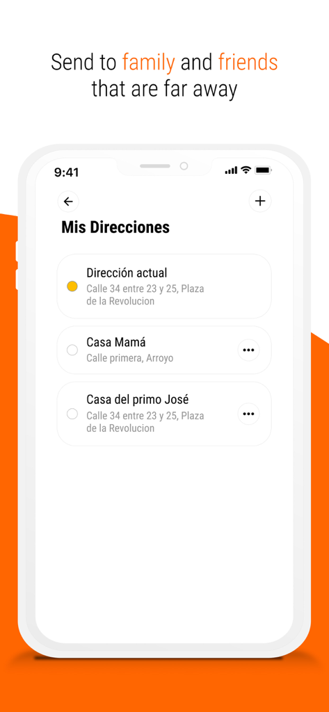 Mandao app screen displaying a list of saved delivery addresses for family and friends.