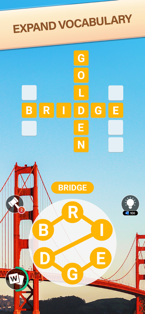Word City: Connect Word Game - Word City Gameplay, das ein Kreuzworträtsel mit dem Hintergrund der Golden Gate Bridge zeigt