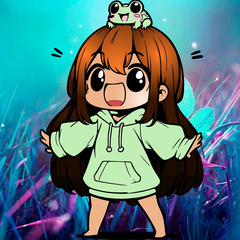 a excited chibi girl whith long hair and a baggy shirt whith a frog on there head