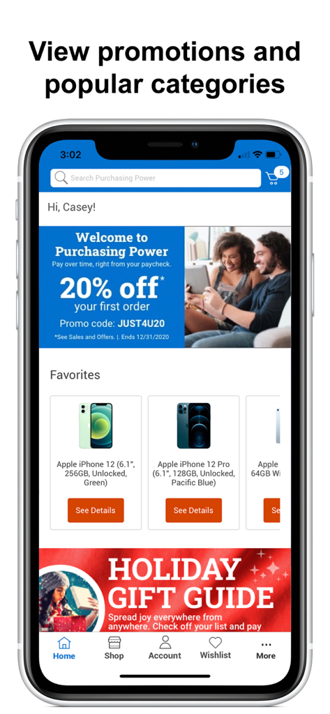 Purchasing Power - Purchasing Powerアプリのインターフェース。パーソナライズされたプロモーションや、iPhoneなどのトレンドの電化製品カテゴリが表示されます。