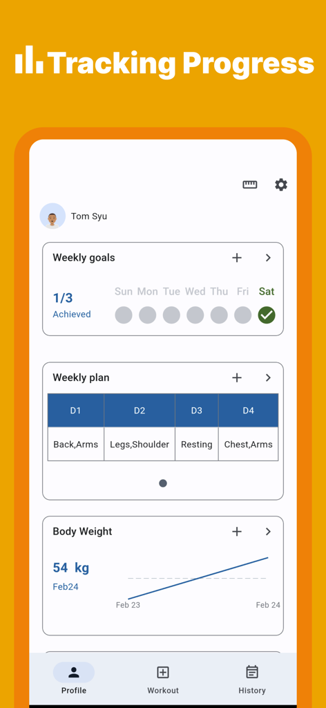 FitFit Workout Planner Tracker - FitFitアプリのダッシュボード、週次目標、ワークアウトプラン、体重の進捗チャートを表示