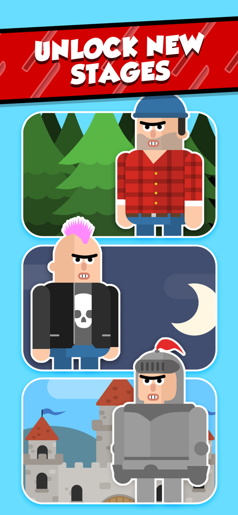 Mr Ninja game screen showing different themed stages and characters including a lumberjack and a knight