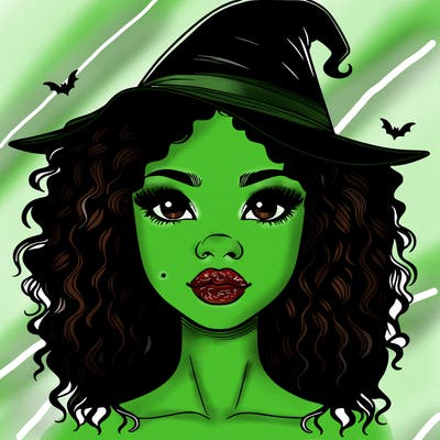 realistic black girl with wavy hair and witch hat and nose and lips