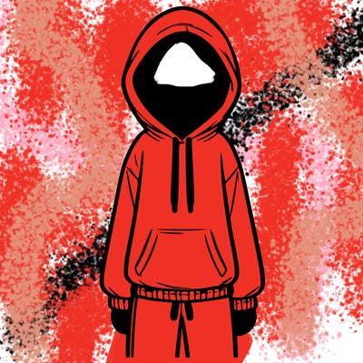 faceless girl in a tracksuit with a hood on and no hair