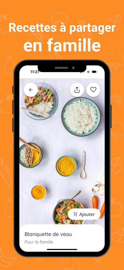 Cuisinez pour bébé - Cuisinez pour bébéアプリのインターフェースに、家族向けの牛肉の煮込みレシピが表示されている。