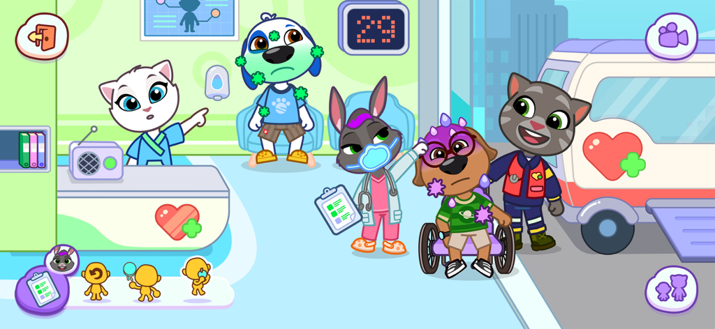 Talking Tom and Friends characters roleplaying as doctors and patients in a hospital clinic with an ambulance