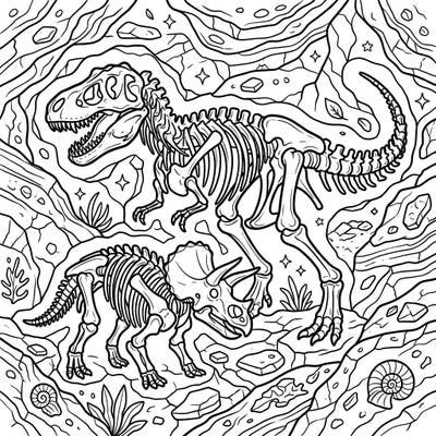 Embark on a prehistoric adventure with this captivating coloring page featuring magnificent fossil dinosaur skeletons. Discover a detailed scene where a mighty T-Rex and a formidable Triceratops' bones rest amongst ancient rocks and hidden fossils, waiting for your creative touch.