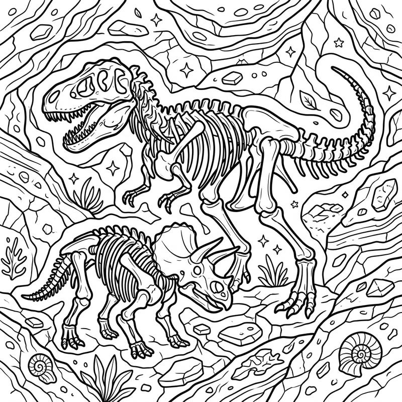 Embark on a prehistoric adventure with this captivating coloring page featuring magnificent fossil dinosaur skeletons. Discover a detailed scene where a mighty T-Rex and a formidable Triceratops' bones rest amongst ancient rocks and hidden fossils, waiting for your creative touch.