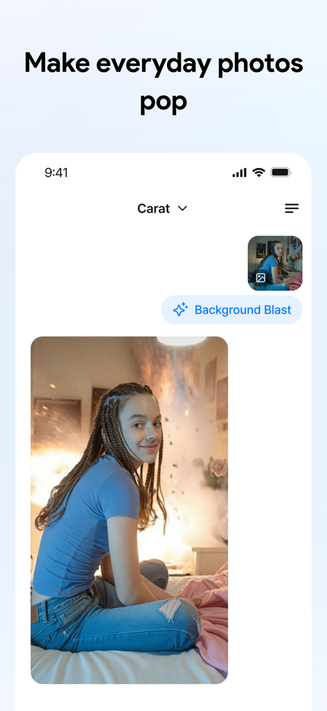 Carat - Create Anything - Mobile interface of Carat app using AI to transform a photo background with the Background Blast feature.