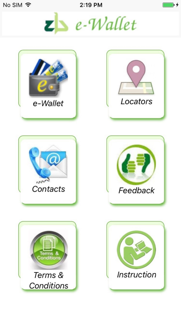 ZB eWallet - Home screen of ZB eWallet app displaying menu icons for banking services and locators.