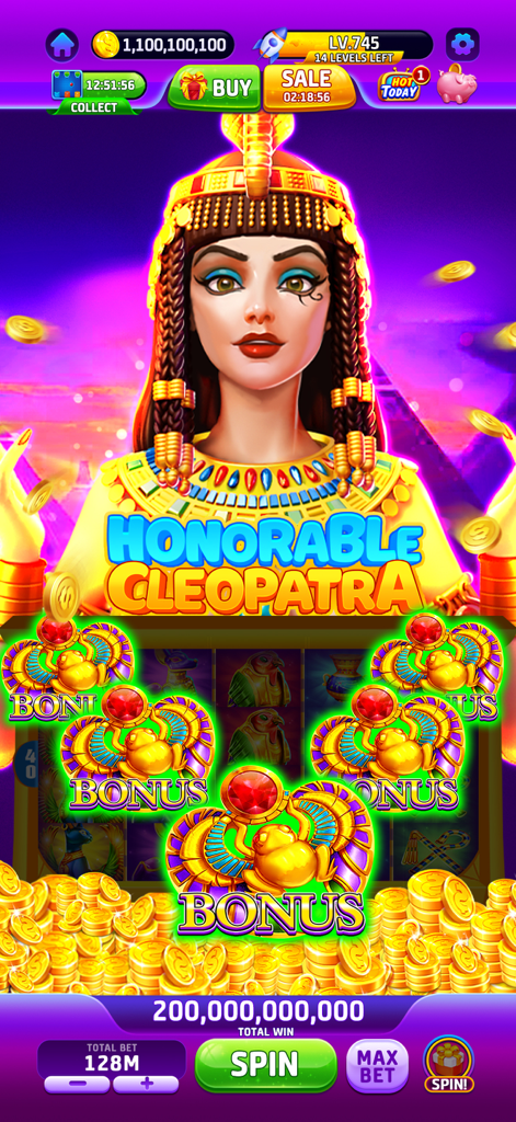 Buffalo Slots™-Casino Jackpots - Interfaz de la máquina tragaperras Honorable Cleopatra mostrando una enorme ganancia de bote con monedas de oro y símbolos de bonificación de escarabajo