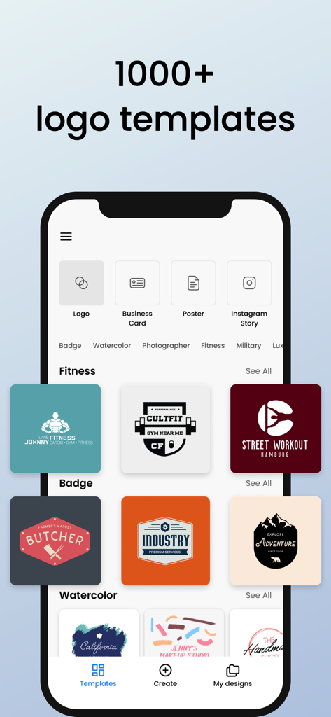 Logo Maker, Design Creator. - Mobile app interface displaying various professional logo templates and design categories.