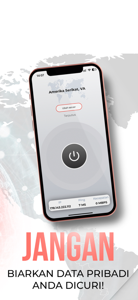 スマートフォン上のVPNインドネシアアプリのインターフェースに接続ステータスとプライバシー保護の警告が表示されています