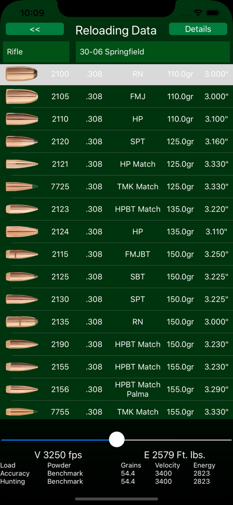 Sierra Reloading Manual v6.0 - Sierra Bullets app screen showing reloading data for 30-06 Springfield rifle bullets