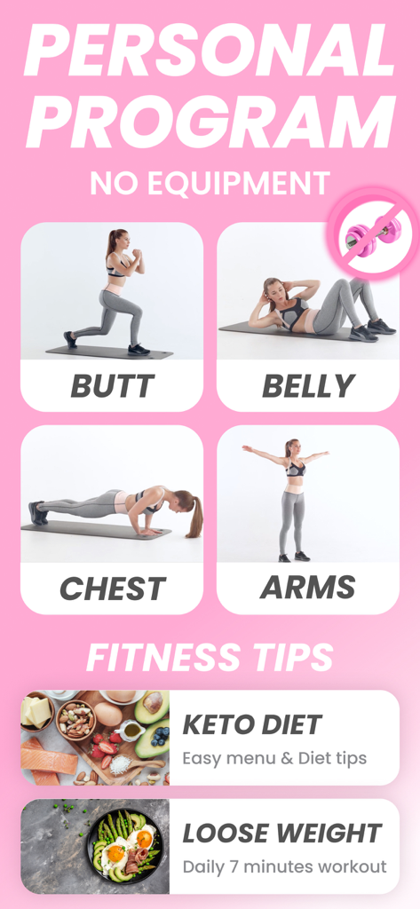 Captura de pantalla de la aplicación Be Fit que muestra un programa de entrenamiento personal sin equipo para mujeres centrado en glúteos, abdomen, pecho y brazos con consejos adicionales de dieta keto y pérdida de peso.