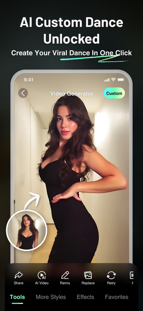 VioAI: Video & Image Maker - VioAIアプリインターフェース。1枚の写真からバイラル動画を作成するためのAIカスタムダンス機能が表示されています。