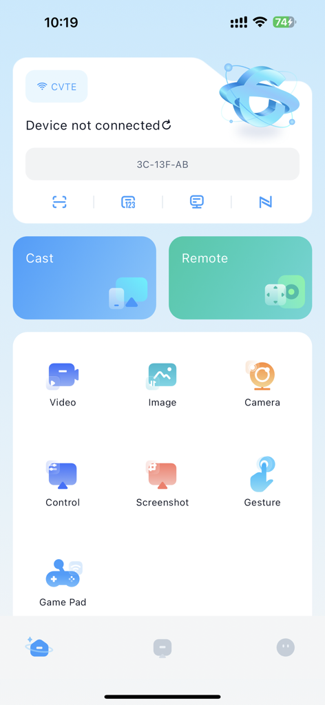 GAIAShare app dashboard showing smart remote and screen casting features