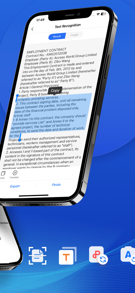 Mobile app interface showing OCR text recognition on an employment contract with copy tool