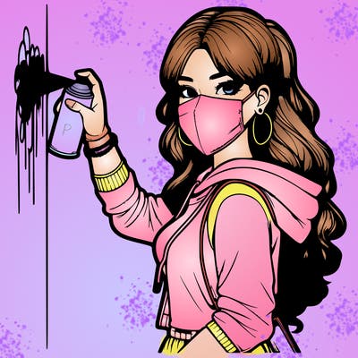 realistic girl with mask spray painting a wall