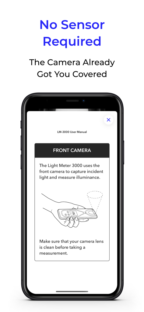 Light Meter LM-3000 - 外部センサーなしで光を測定するために前面カメラを使用する方法を説明するLight Meter LM-3000アプリのマニュアルのスクリーンショット。
